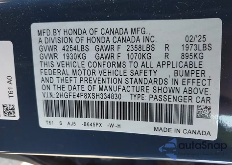 2025 Honda Civic Hybrid Sport/Sport Touring from USA, damaged, VIN 2HGFE4F8XSH334830